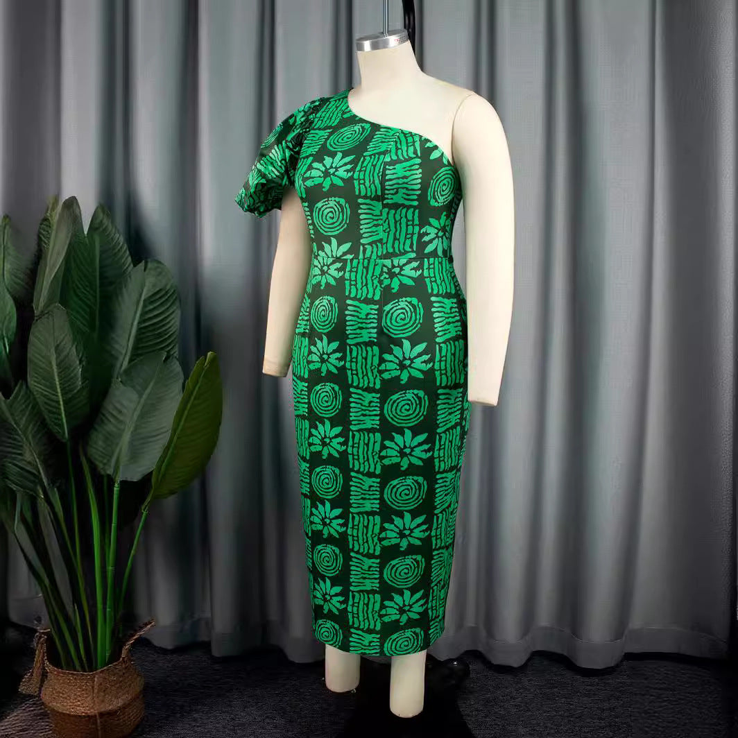 Damen körpernahe Midi-Kleid mit asymmetrischem Schnitt und voluminösen Puffärmeln R&B