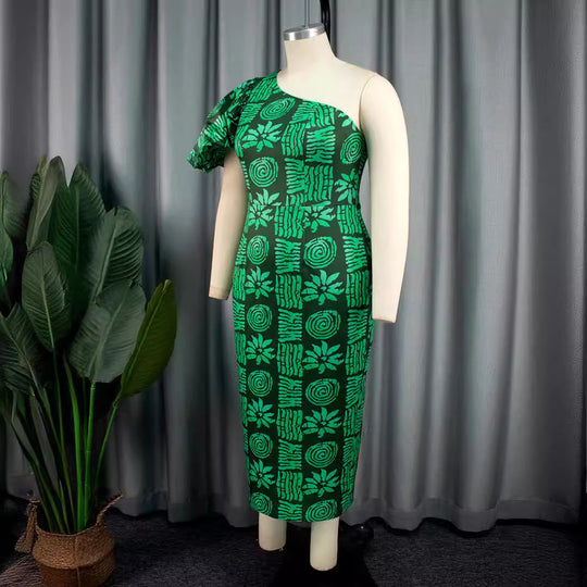 Damen asymmetrisches Maxi-Kleid mit einzigartigem Muster und voluminösem Puffärmel R&B