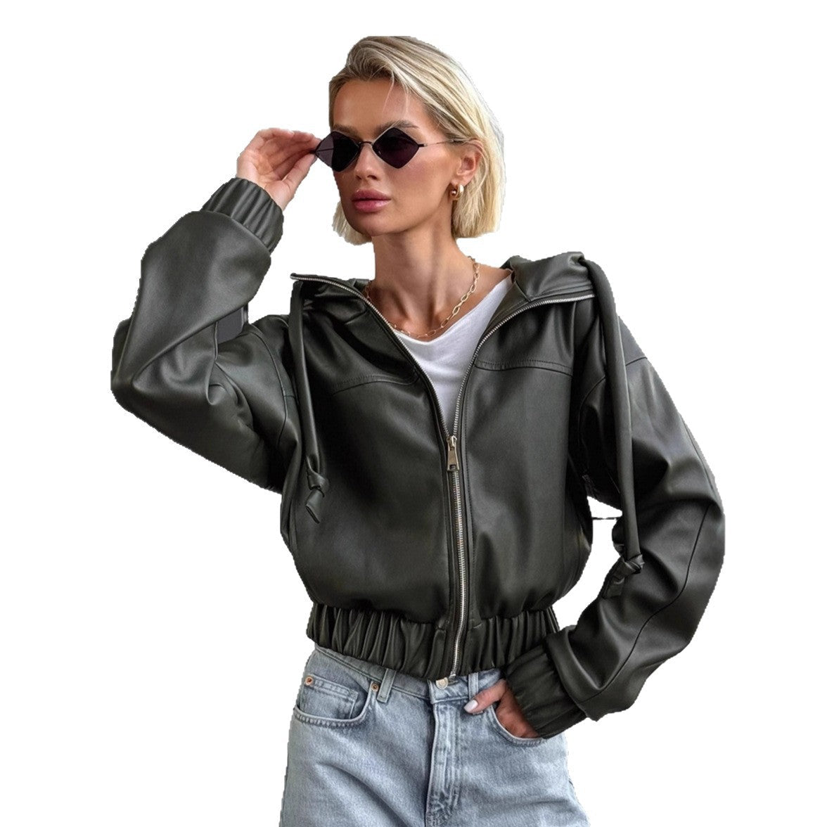 Damen cropped Kunstlederjacke mit kontrastierenden Details und elastischem Bund R&B