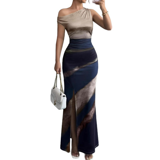Damen Elegantes Maxikleid mit asymmetrischem Ausschnitt und seitlichem Schlitz R&B