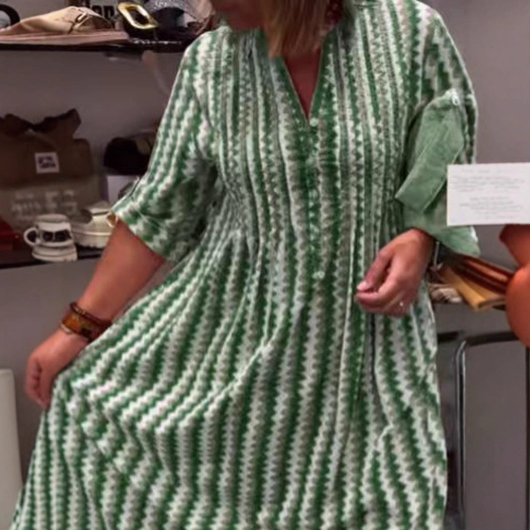 Damen nan Midikleid mit Unterbrustnaht, V-Ausschnitt, Knopfleiste und krempelbaren dreiviertelärmeln R&B