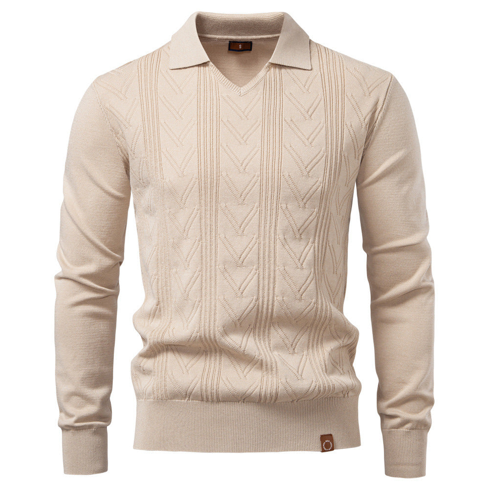 Herren nan feiner Strick-Polopullover mit V-Ausschnitt, Zickzackstruktur und Kentkragen R&B