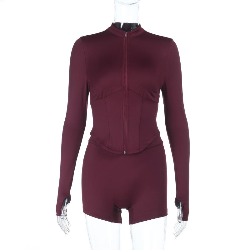 Damen Sportlicher Einteiler mit langärmligem Oberteil und Hochkragen R&B