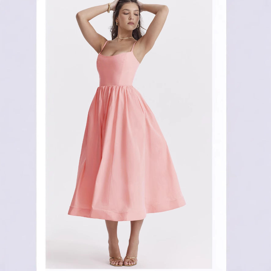 Damen elegantes Midikleid mit Spaghetti-Trägern und fließendem Rock R&B