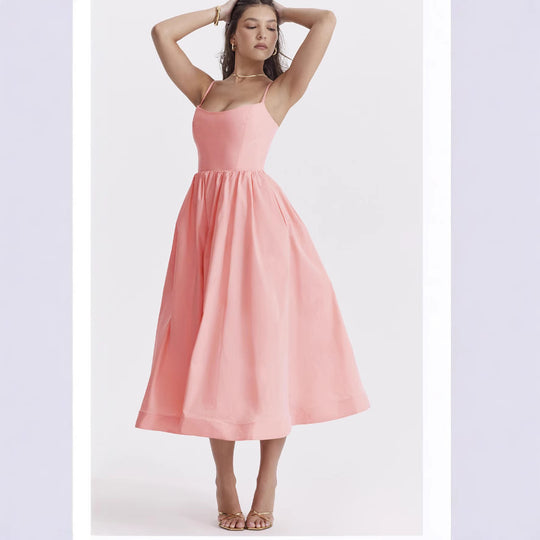 Damen elegantes Midikleid mit Spaghetti-Trägern und fließendem Rock R&B