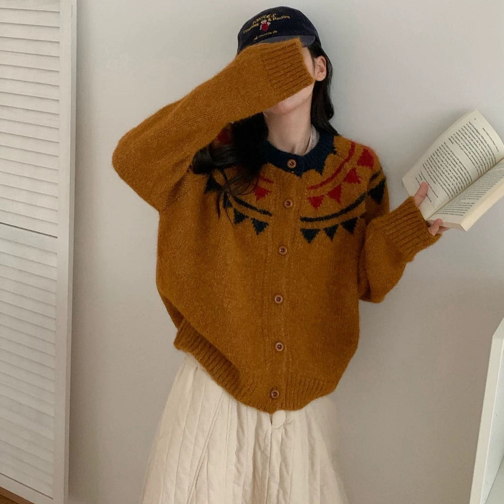 Damen Grobstrickcardigan mit aufwendigem Farbmuster und komfortablem Knopfverschluss R&B