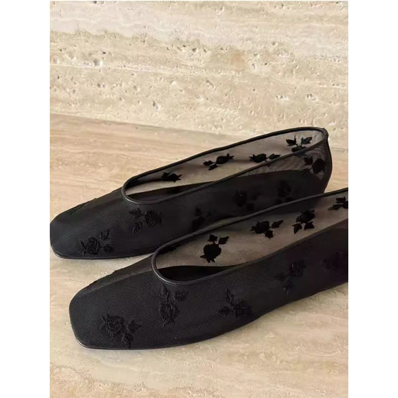 Damen spitze Ballerinas aus transparentem Material mit floralen Stickereien R&B