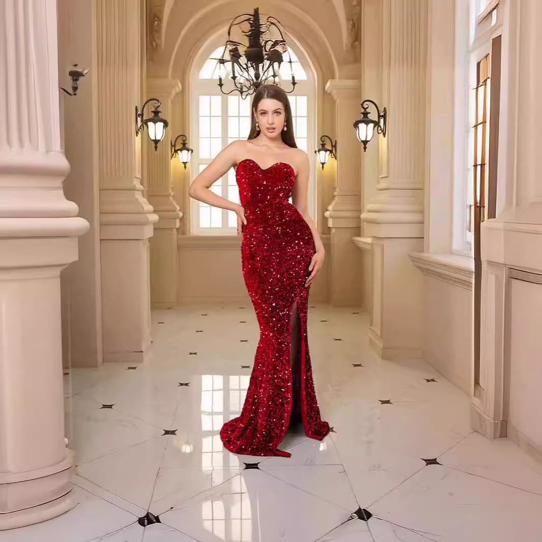 Damen glamouröses Abendkleid mit schulterfreiem Design und schimmernden Pailletten R&B
