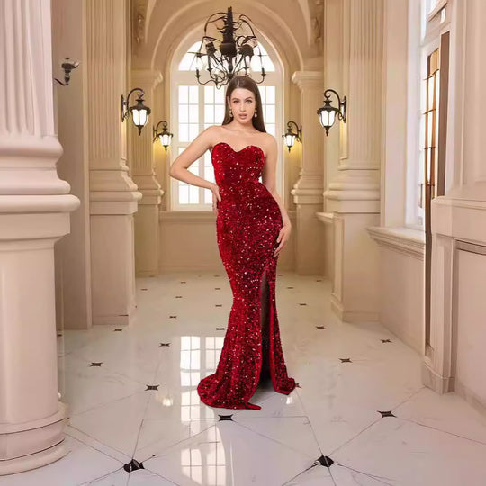 Damen glamouröses Abendkleid mit schulterfreiem Design und schimmernden Pailletten R&B