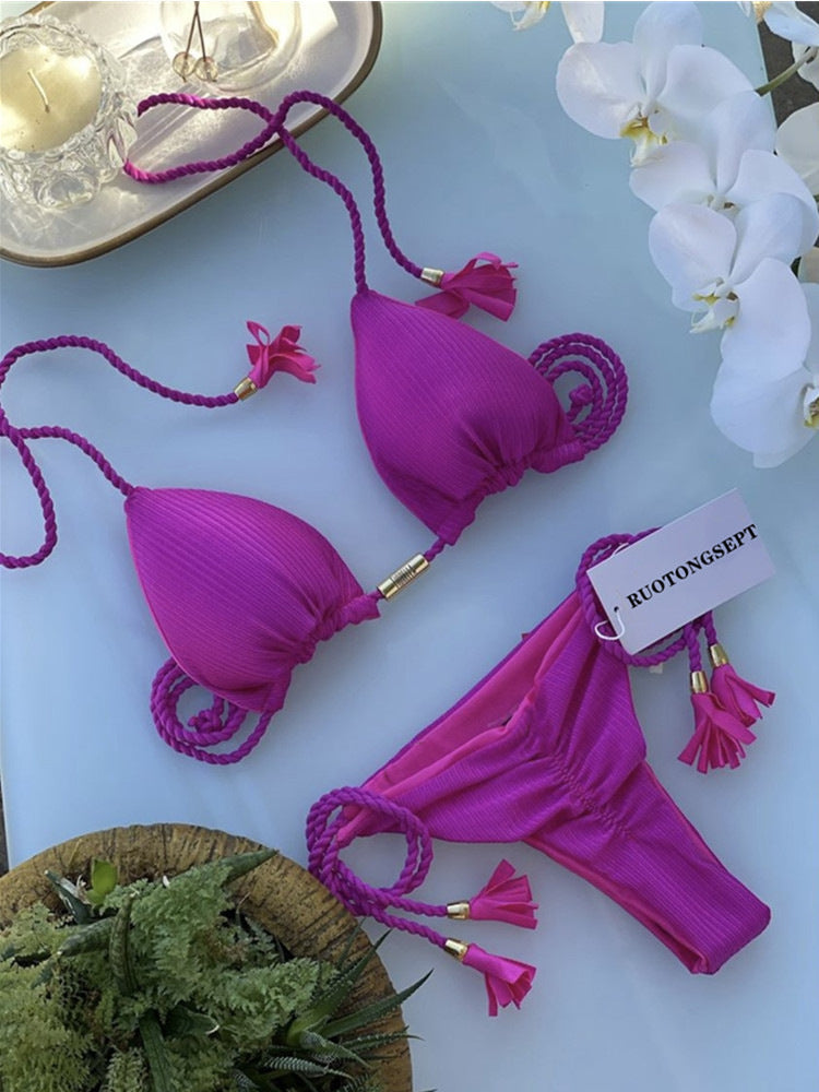 Damen Triangel-Bikini mit modischem Leopardenmuster und dekorativen Quasten R&B