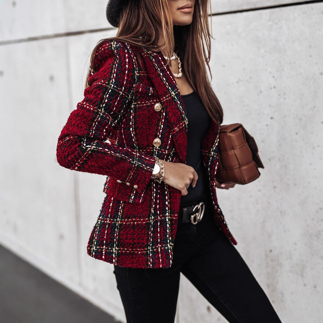 Damen Modischer Tweed-Blazer mit doppelter Knopfleiste und strukturiertem GewR&Be R&B