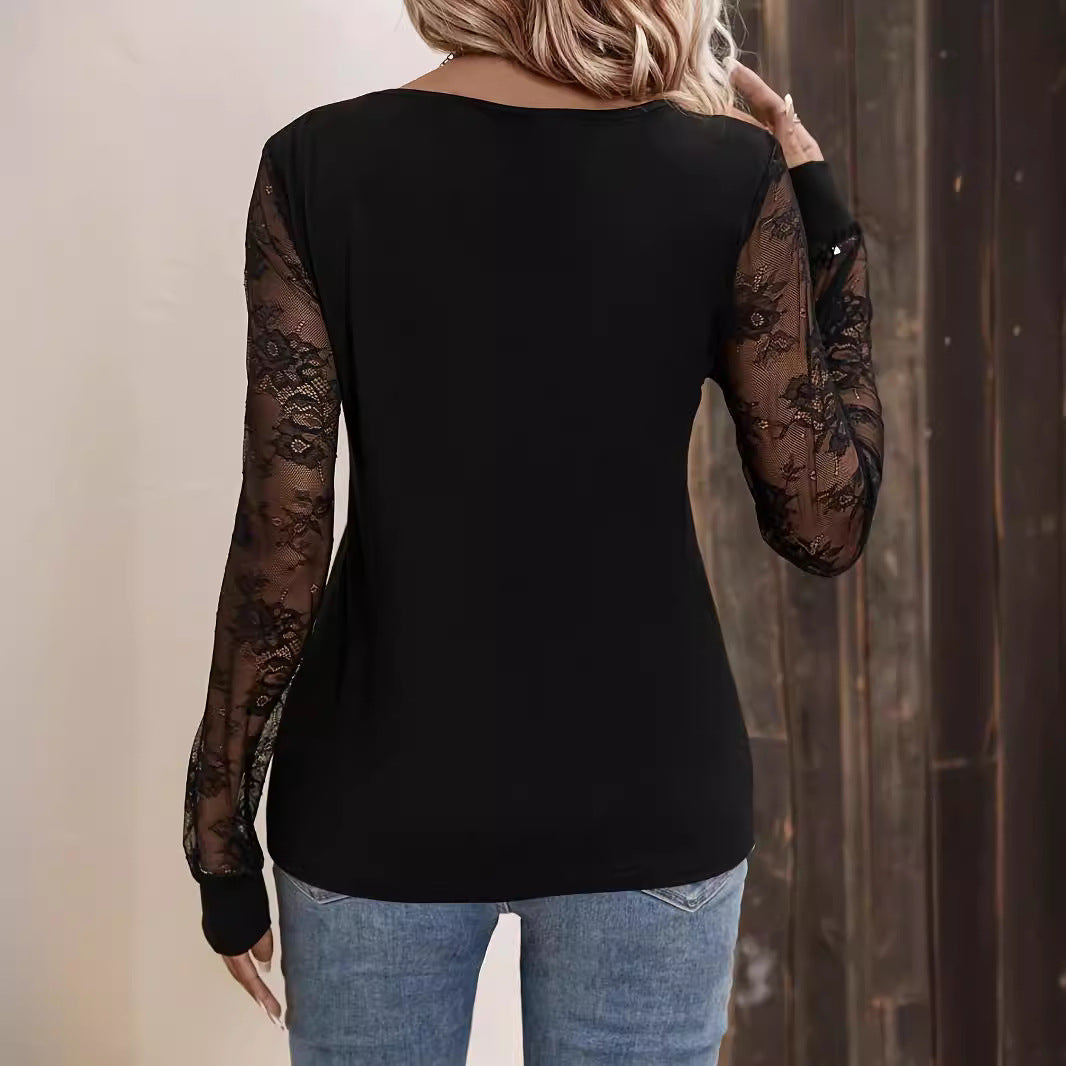 Damen Langarmshirt mit eleganter Spitze und V-Ausschnitt R&B