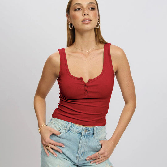 Damen körperbetontes Ripp-Top mit Knopfleiste und weitem Ausschnitt R&B