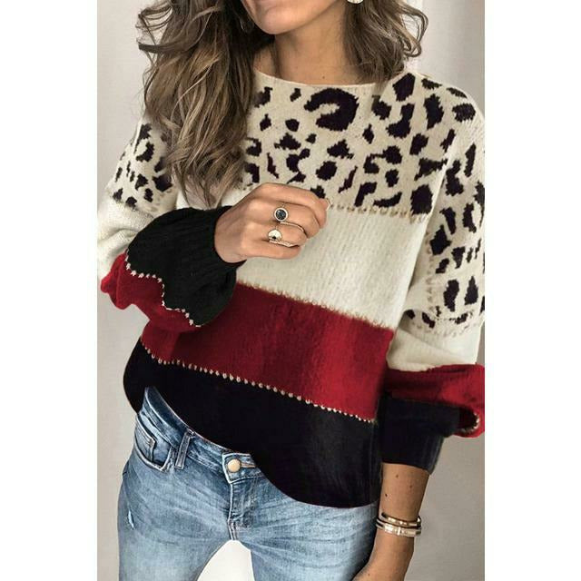 R&B | Pullover - Damen Herbst Leopard Patchwork Strickpullover