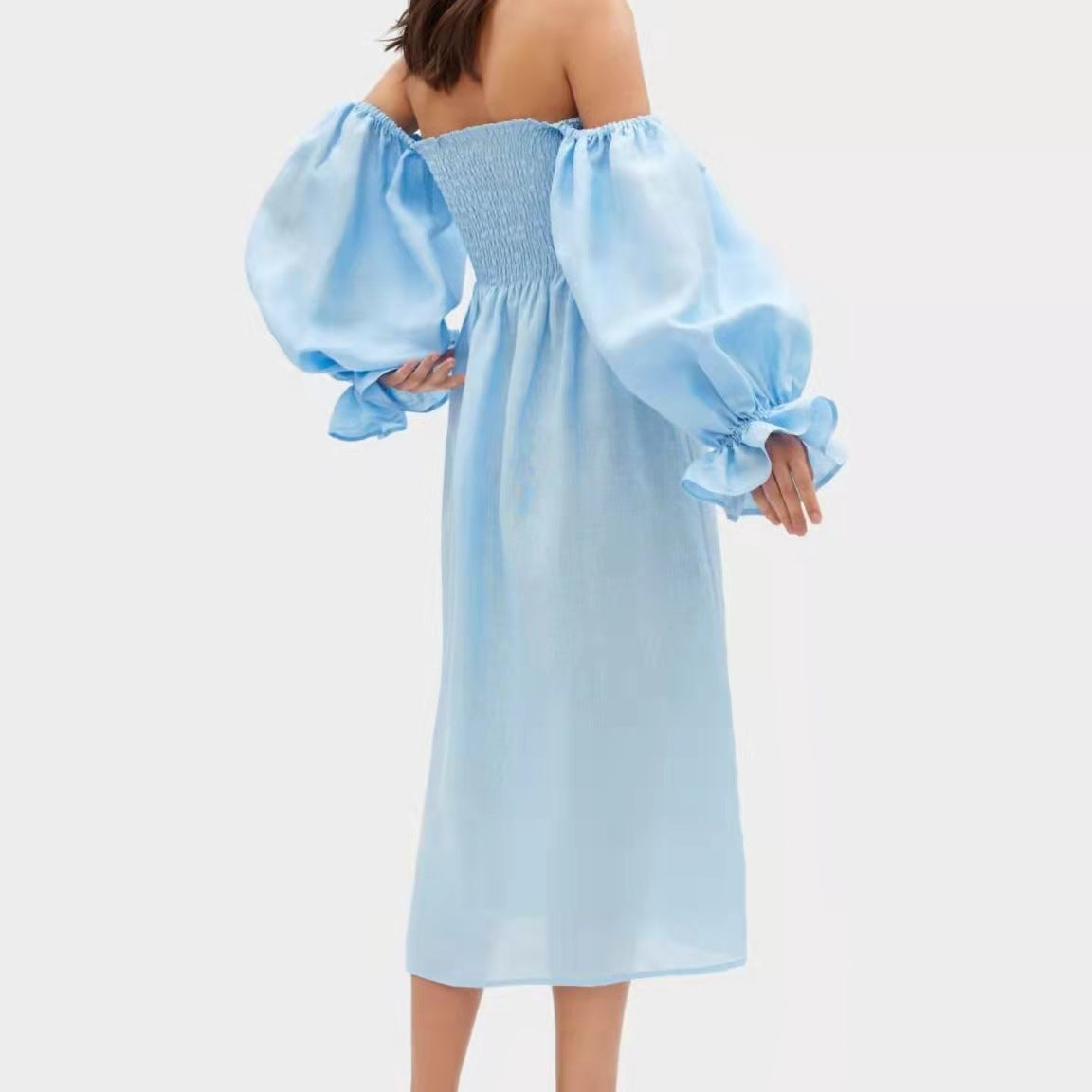 Damen Maxikleid mit Puffärmeln und elastischem Taillenbund R&B
