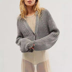 Damen lässige Strickjacke mit dekorativem Knopfverschluss und voluminösen Ärmeln R&B