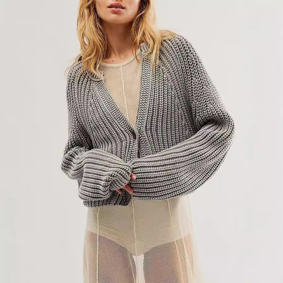 Damen lässige Strickjacke mit dekorativem Knopfverschluss und voluminösen Ärmeln R&B