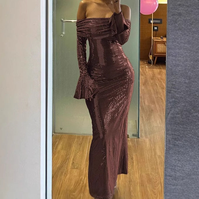 Damen Elegantes Abendkleid mit schulterfreiem Design und ausgestellten Ärmeln R&B