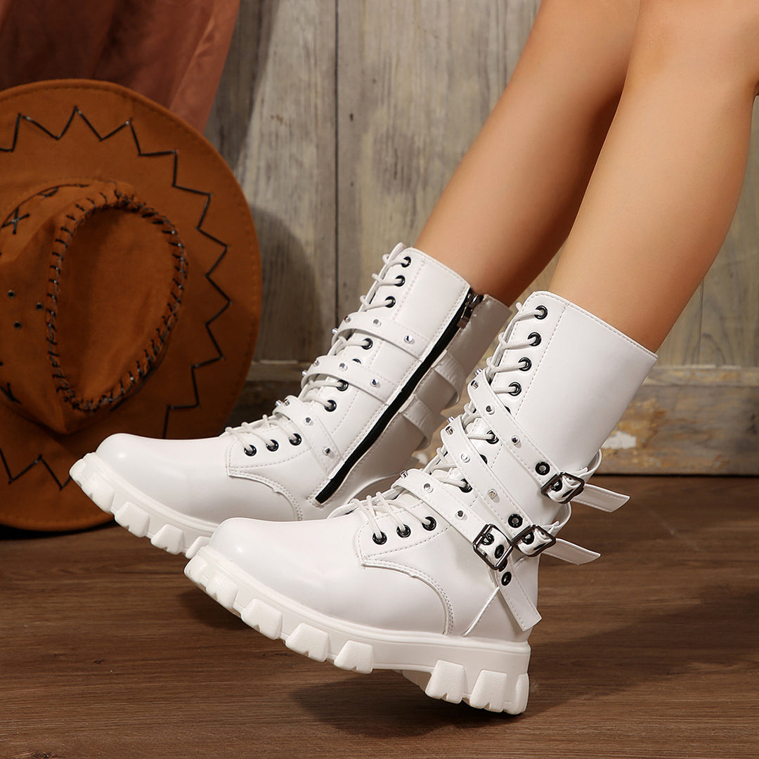 Damen Modische Schnürstiefeletten mit verstellbaren Riemen und robuster Sohle R&B