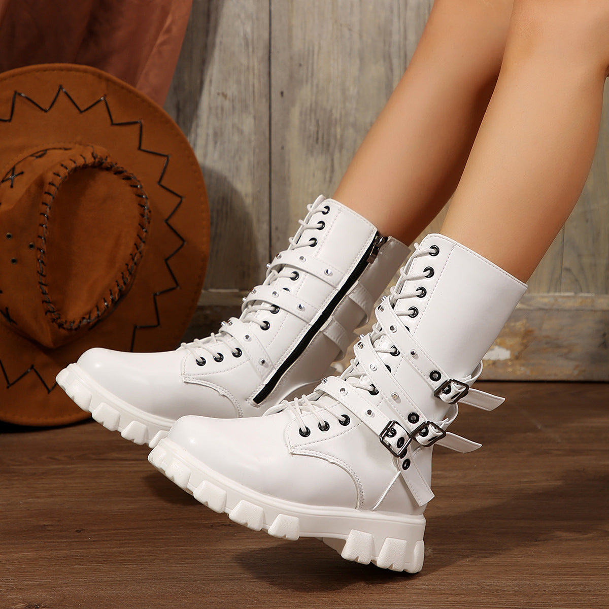 Damen Modische Schnürstiefeletten mit verstellbaren Riemen und robuster Sohle R&B