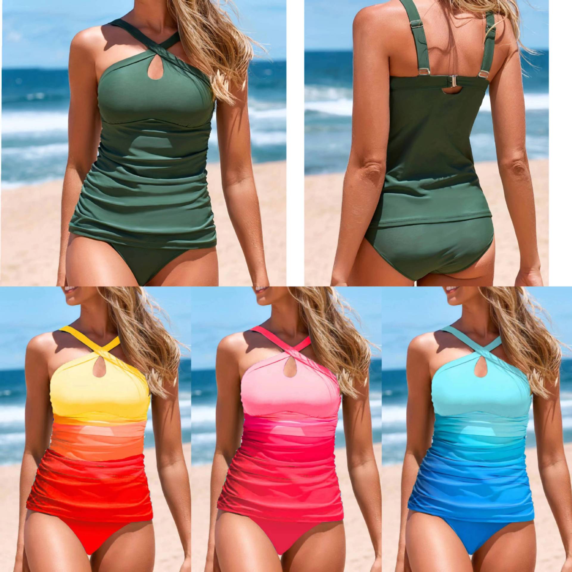 Damen Cross-Back Raffung Tankini Set R&B
