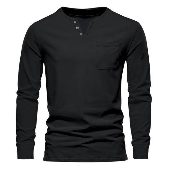 Herren Langarm-Henley-Shirt mit praktischer Brusttasche und modischem Knopfdesign R&B
