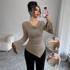 Damen elegantes Ripp-Oberteil mit asymmetrischem Saum und schulterfreiem Design R&B