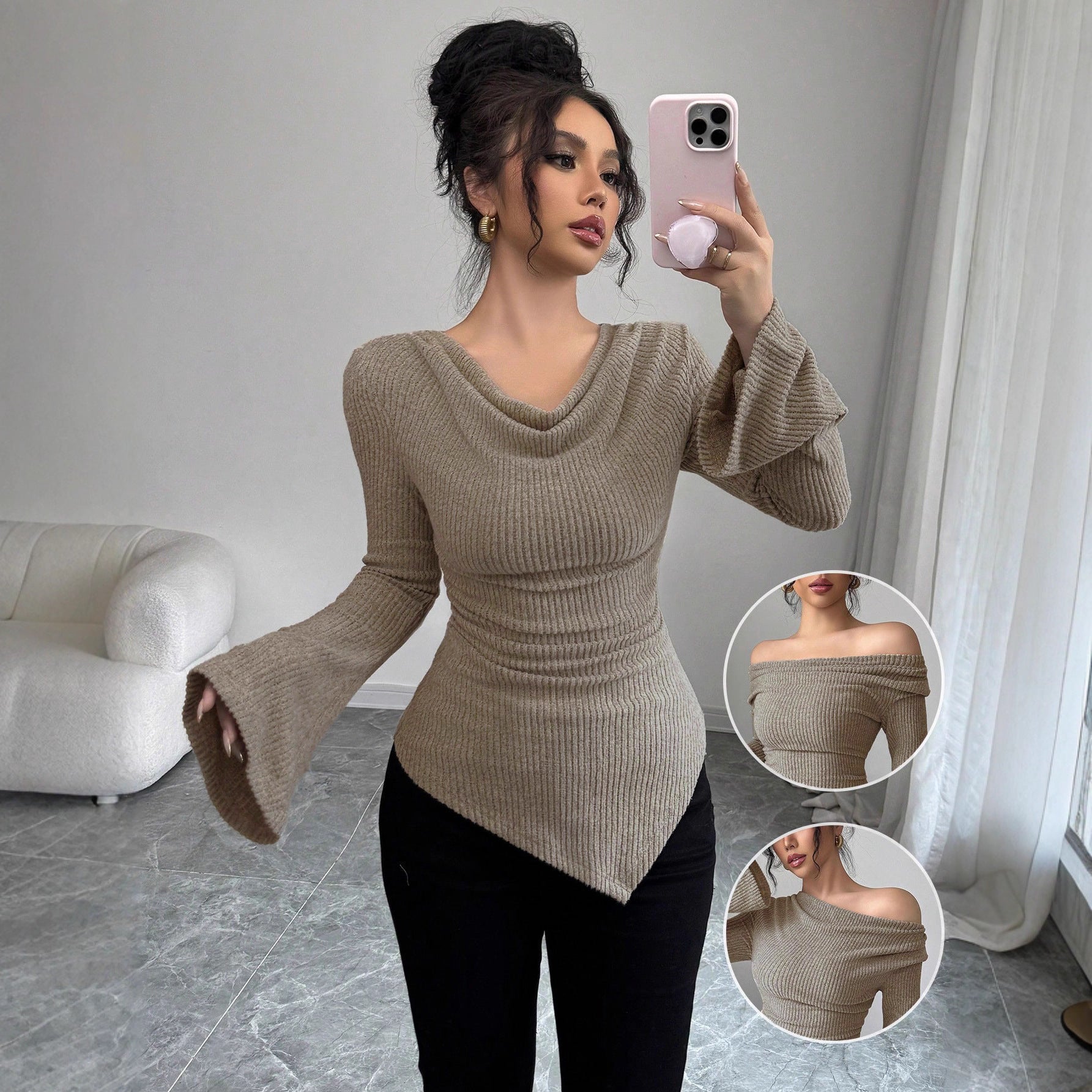 Damen elegantes Ripp-Oberteil mit asymmetrischem Saum und schulterfreiem Design R&B