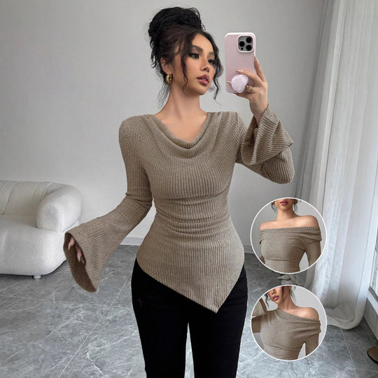 Damen elegantes Ripp-Oberteil mit asymmetrischem Saum und schulterfreiem Design R&B