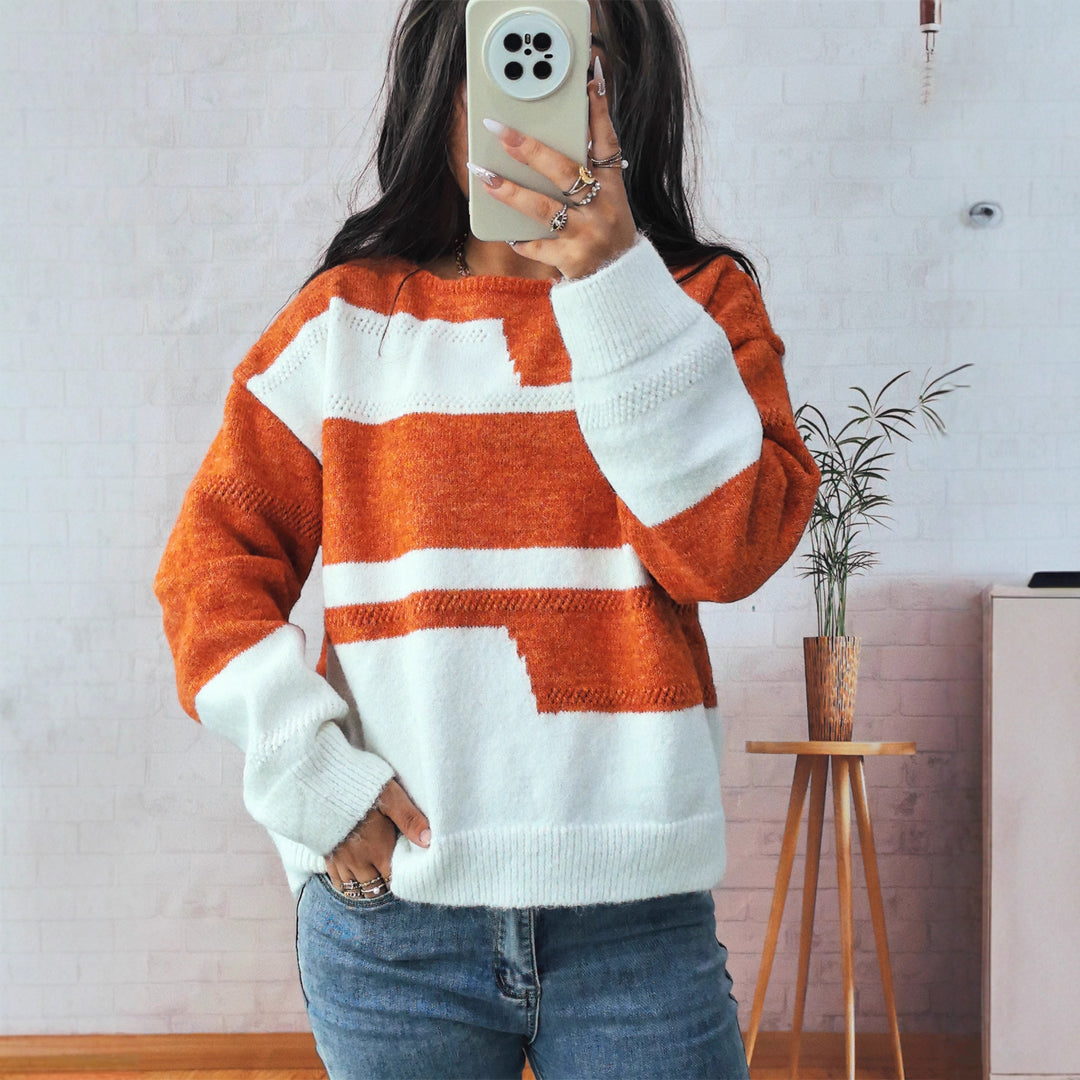 Damen Grobstrickpullover mit modischem Streifenmuster und weitem Schnitt R&B