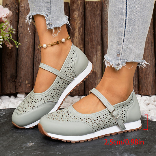 Damen Atmungsaktive Ballerinas mit elegantem Lochmuster und verstellbarem Riemen R&B