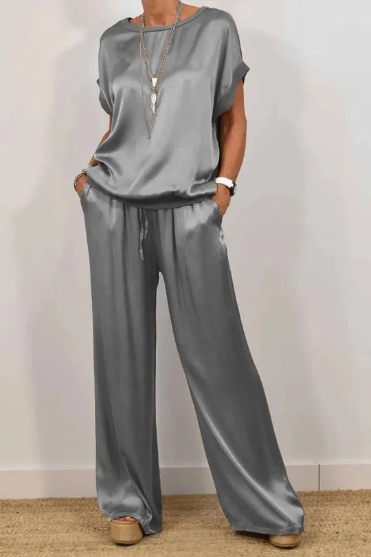 Damen Elegantes Satin Lounge-Set mit weitem Schnitt und lässigem Oberteil R&B