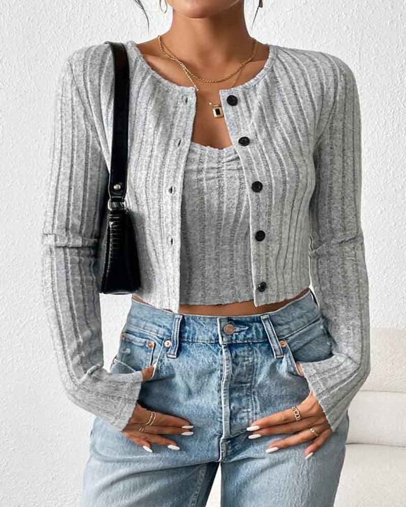 Damen lässige Strickjacke im schmalen Rippdesign mit Knopfleiste R&B