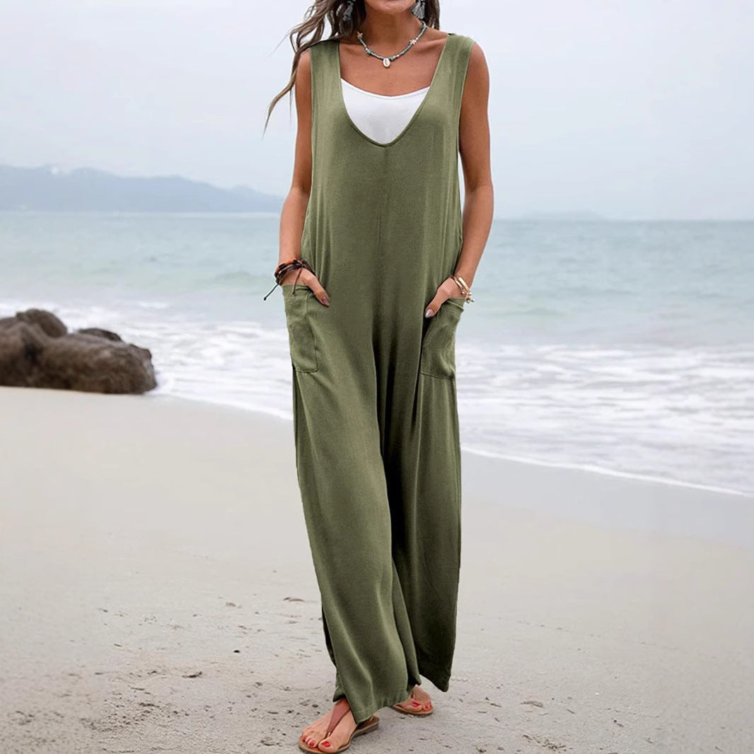 Damen Weit geschnittene Sommer-Jumpsuit mit praktischen Taschen und V-Ausschnitt R&B