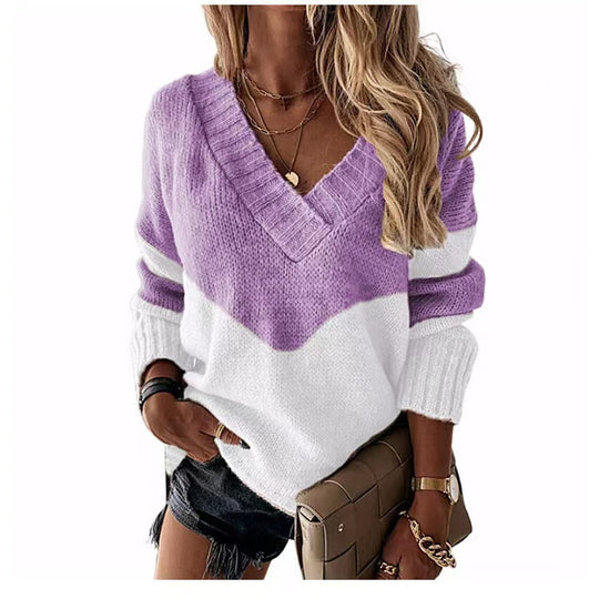 Damen Strickpullover mit V-Ausschnitt und trendigen Farbblockmustern R&B