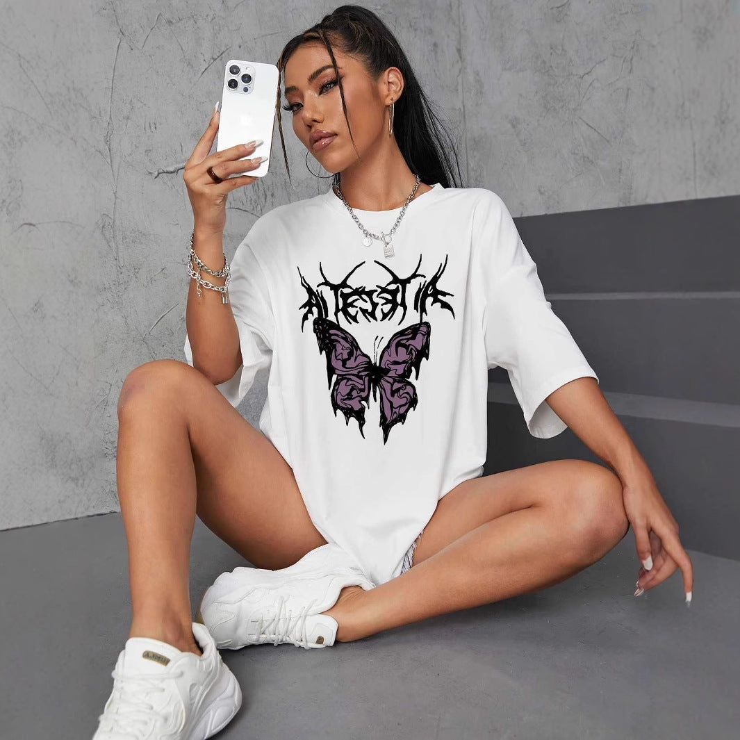 Damen oversized T-Shirt mit kreativem Schmetterlingsdesign R&B