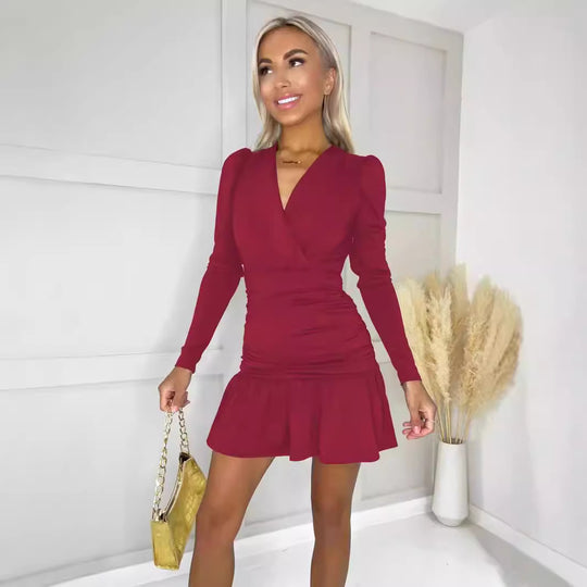 Damen Figurumspielendes Wickelkleid mit langen Ärmeln und Rüschensaum R&B