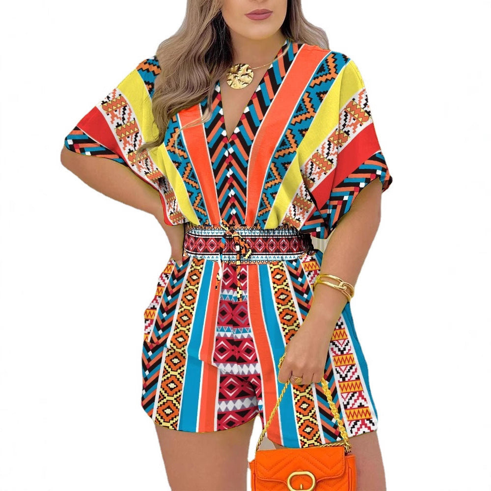 Damen modisches Kurzarm-Jumpsuit mit elastischem Bund und maritimem Muster R&B