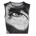 Damen Cropped Tanktop mit strahlendem Augenmotiv und glitzernden Akzenten R&B