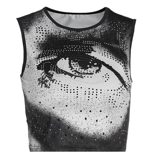 Damen Cropped Tanktop mit strahlendem Augenmotiv und glitzernden Akzenten R&B