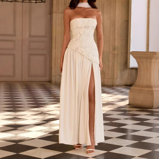 Damen Strapless Abendkleid mit seitlichem Schlitz und floralen Applikationen R&B