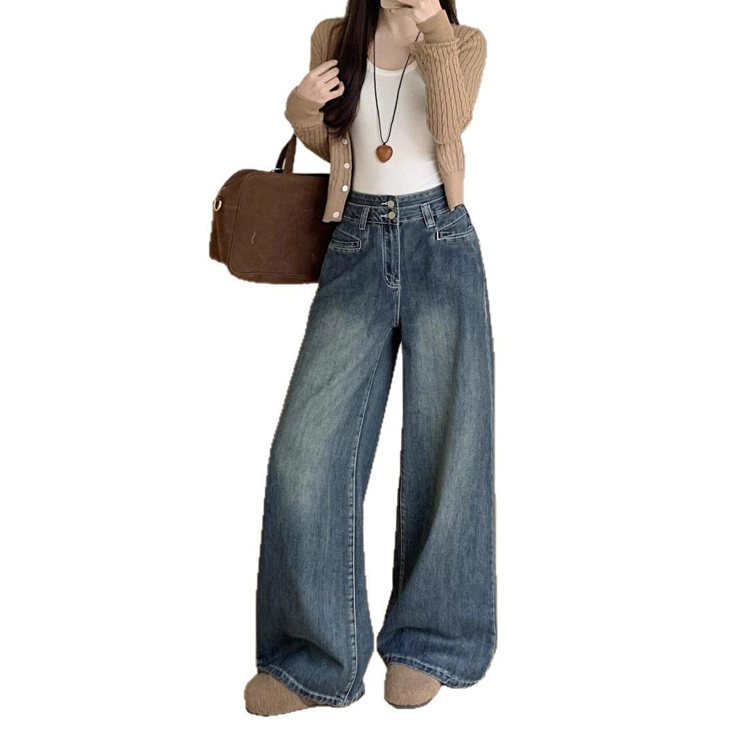 Damen Bequeme High-Waist Weitjeans mit Knopfdetail und modernen Taschen R&B