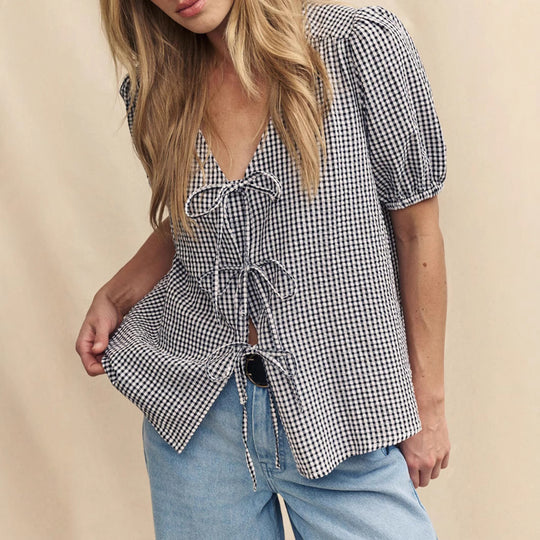 Damen Bluse mit Knoten-Detail und Puffärmeln R&B