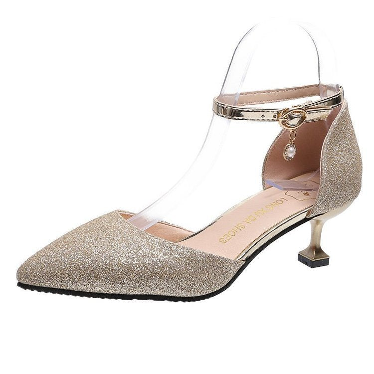 Damen elegante Glitzerpumps mit transparentem Riemen und goldener Fessel R&B