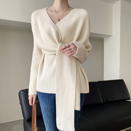 Damen Wickelpullover mit lässigem Schnitt und modischen Bindebändern R&B