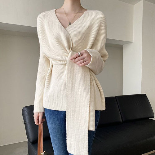 Damen Wickelpullover mit lässigem Schnitt und modischen Bindebändern R&B