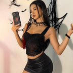 Damen nan transparentes Netz-Crop-Top mit Spinnennetz-Print, taillierter Silhouette und breiten Trägern R&B