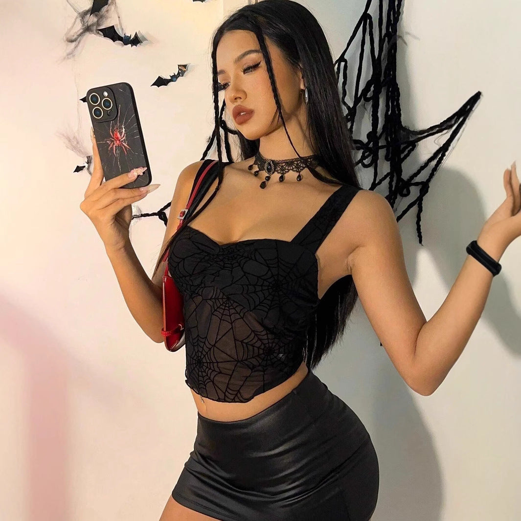 Damen nan transparentes Netz-Crop-Top mit Spinnennetz-Print, taillierter Silhouette und breiten Trägern R&B
