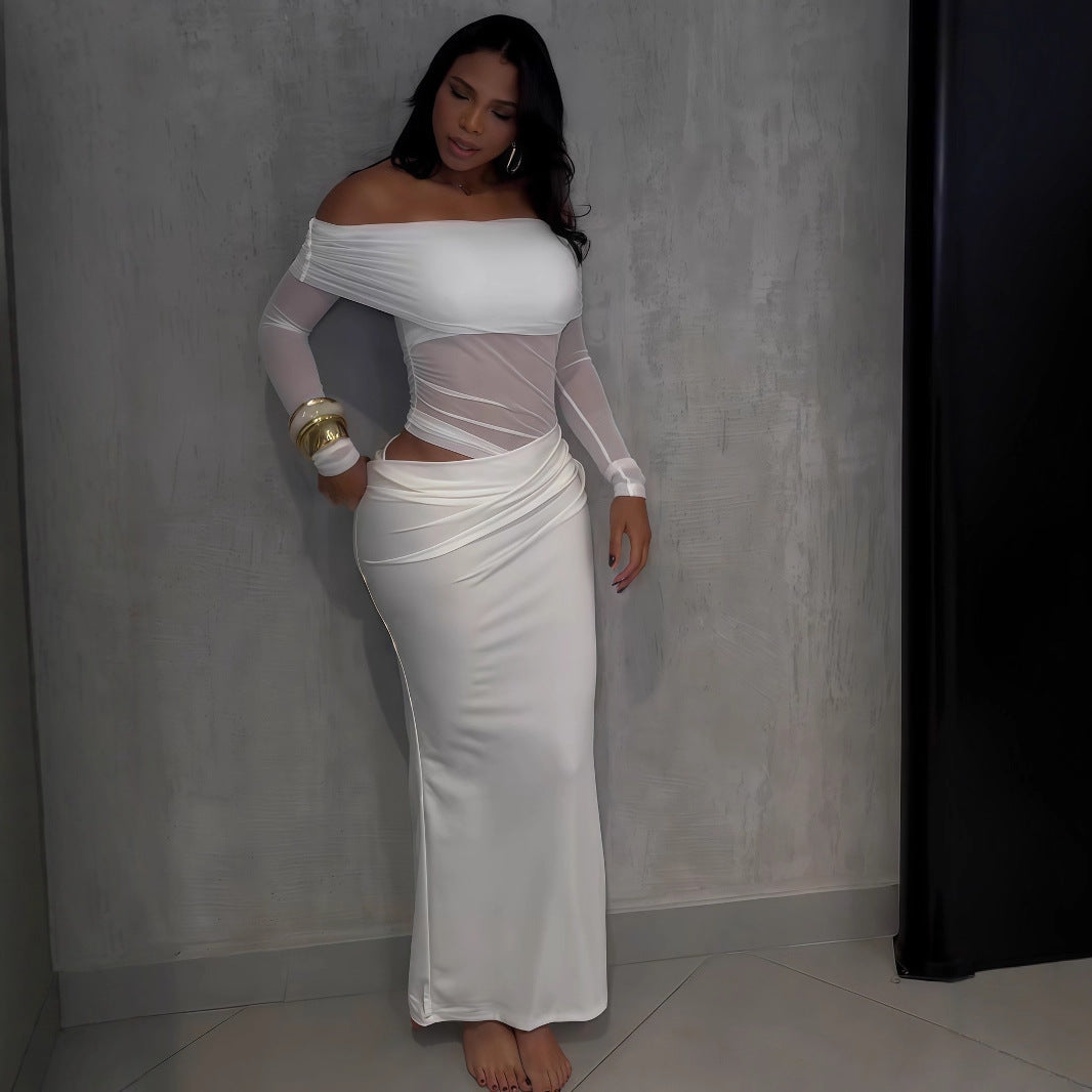 Damen Maxi-Kleid mit schulterfreiem Design und eleganter Drapierung R&B