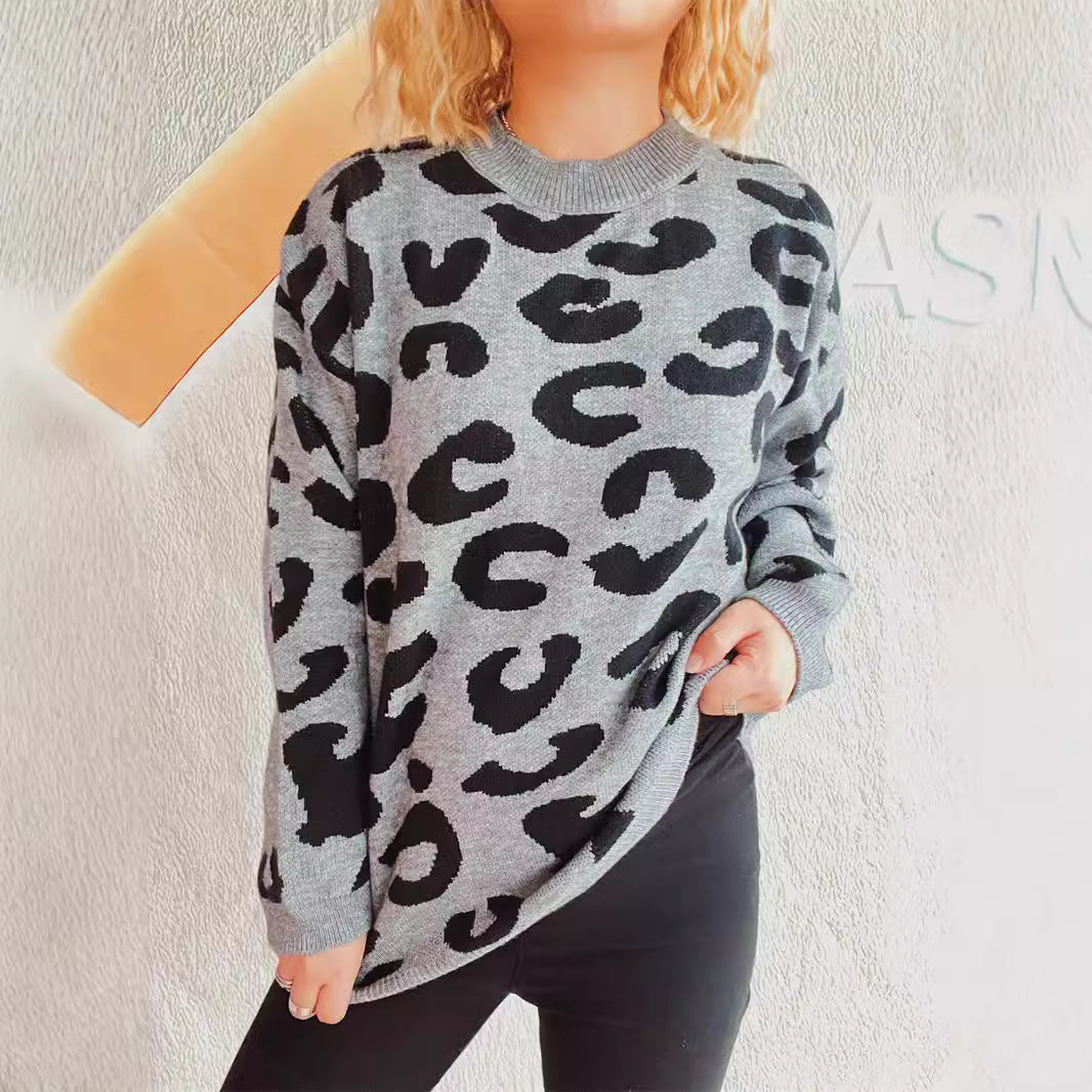 Damen gemütlicher Pullover im modernen Leopardenmuster R&B